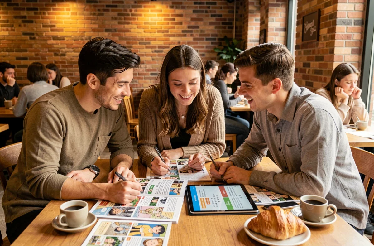 Groupe de fans de manga discutant de la qualité des traductions scantrad autour d'une table dans un café urbain