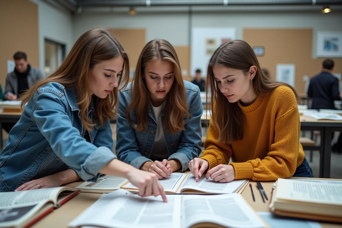 Groupe de jeunes artistes en discussion animée autour d'une table dans un atelier d'école d'art collectif