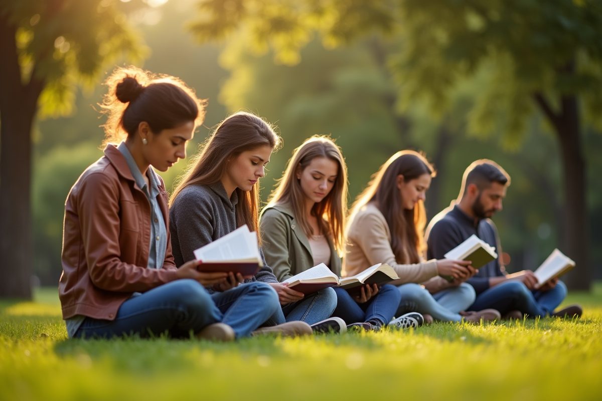 Groupe diversifié lisant ou écrivant dans un parc ensoleillé
