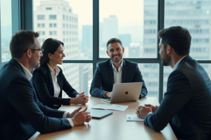 Groupe de quatre adultes en réunion dans un bureau moderne