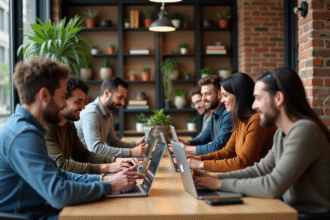 Groupe de personnes en coworking urbain détendu