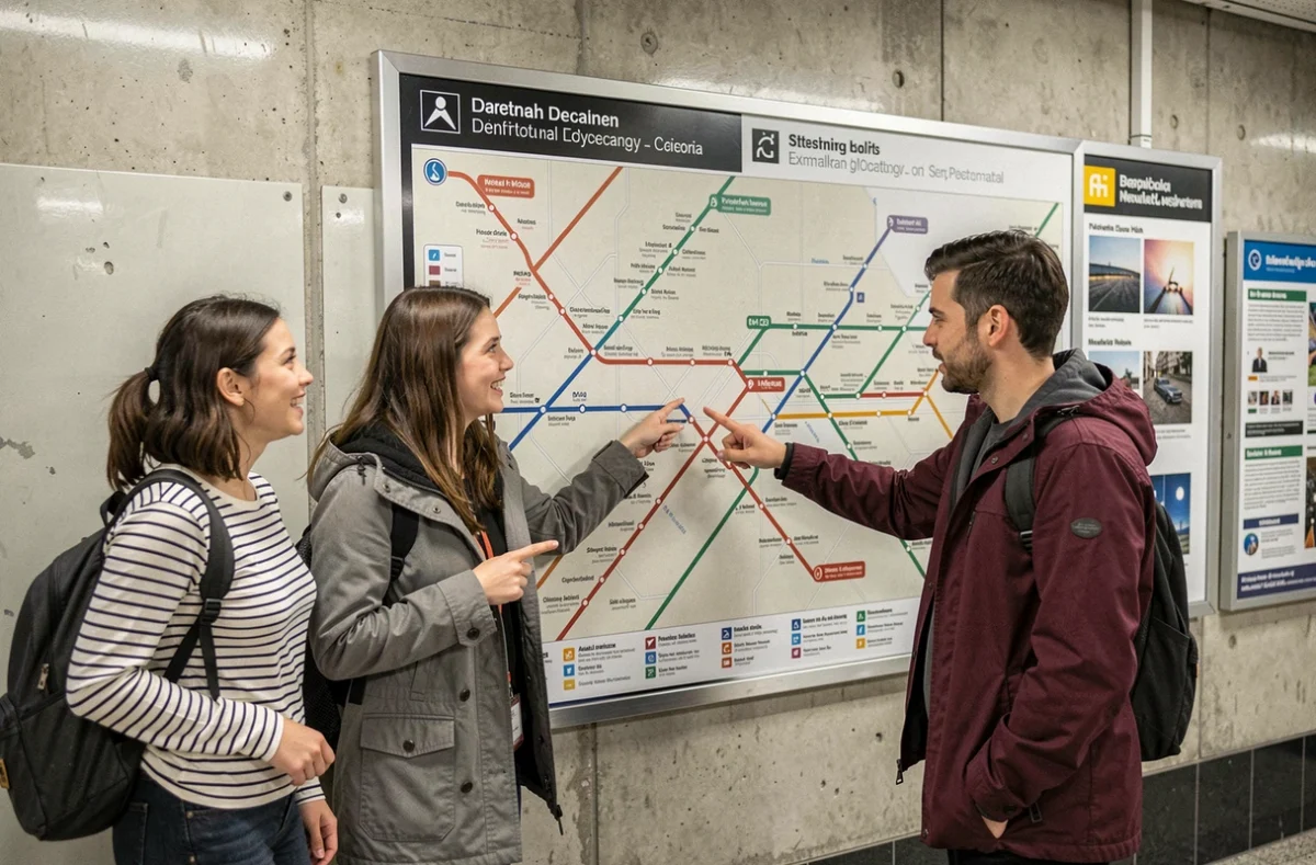 Groupe de voyageurs discutant d'un itinéraire devant la carte murale de la ligne 7 du métro parisien