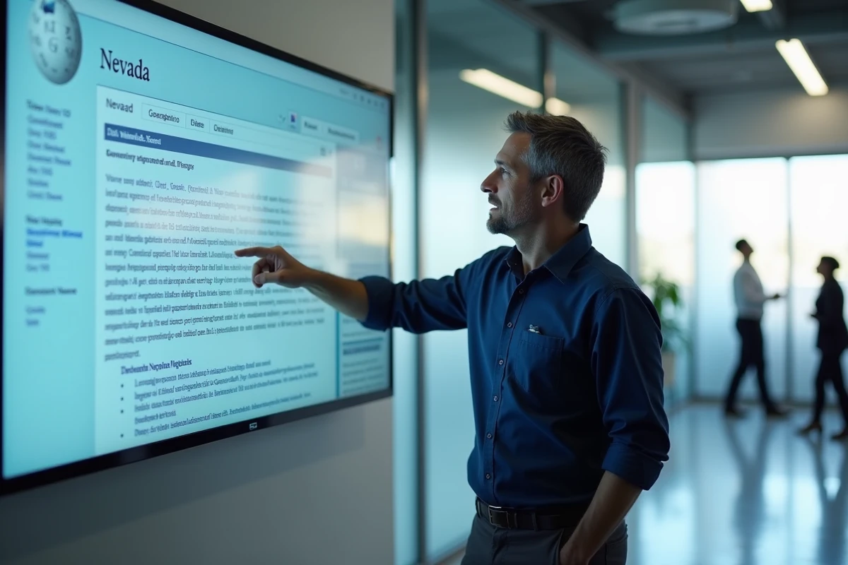 Homme en bureau moderne analysant une page Wikipédia sur une ville du Nevada affichée sur grand écran