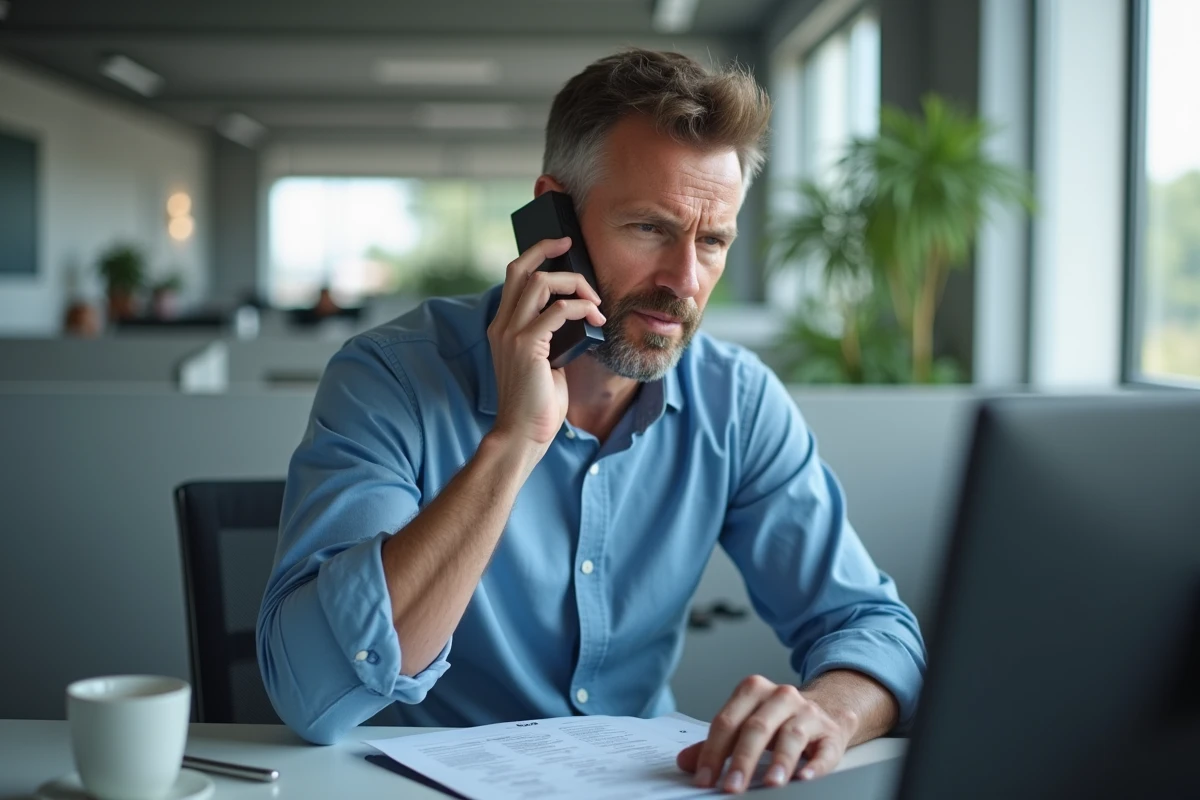 Homme d'affaires passant un appel au numéro surtaxé 118 712 depuis son téléphone portable au bureau