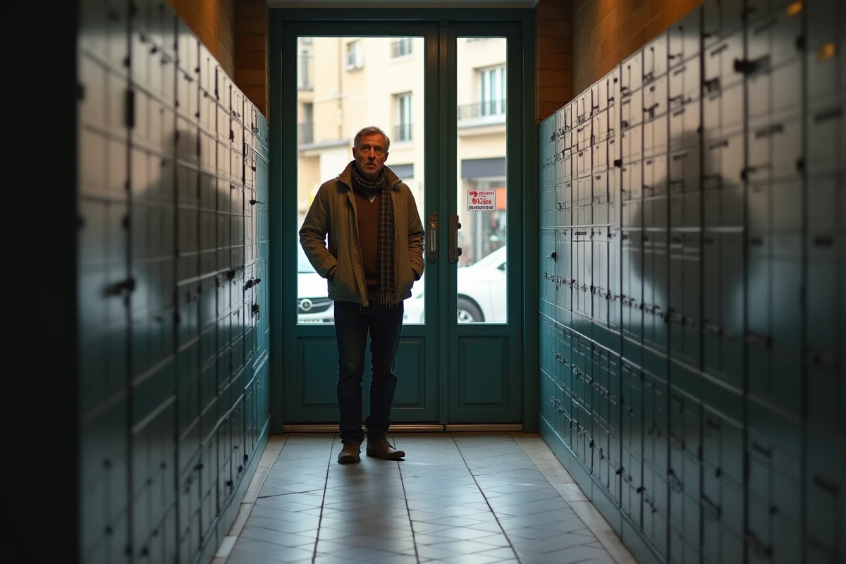 Homme vérifiant sa boîte aux lettres devant son immeuble