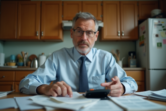 Homme d'âge moyen pensif avec factures dans une cuisine modeste