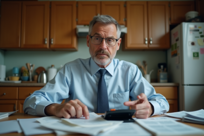 Homme d'âge moyen pensif avec factures dans une cuisine modeste