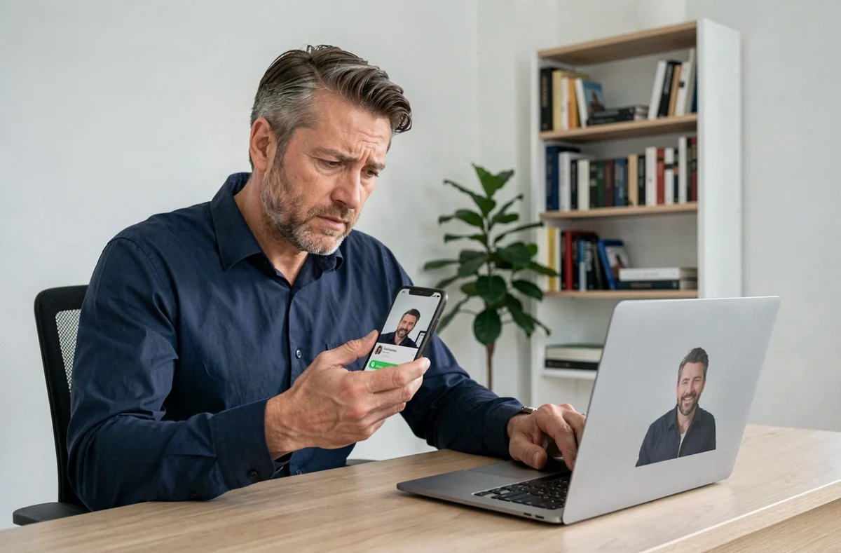 Homme au bureau comparant une mauvaise photo de profil WhatsApp sombre à une meilleure image sur son ordinateur