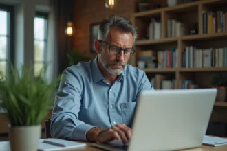 Homme d'affaires vérifiant un email suspect dans son bureau