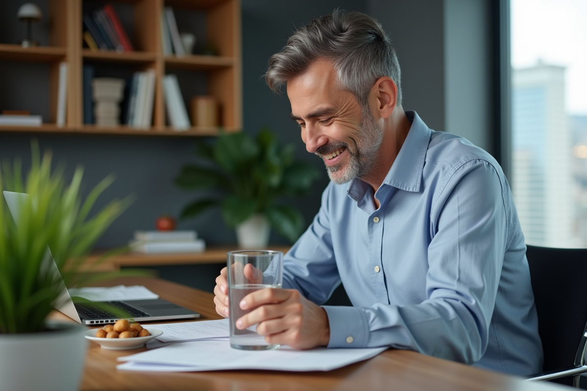 Homme d affaires calme mangeant dans son bureau