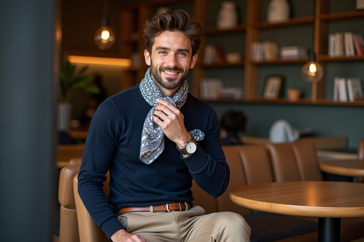 Homme en pull navy et scarf dans un café chaleureux