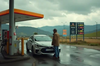 Homme d'âge moyen vérifiant les prix du carburant à la station