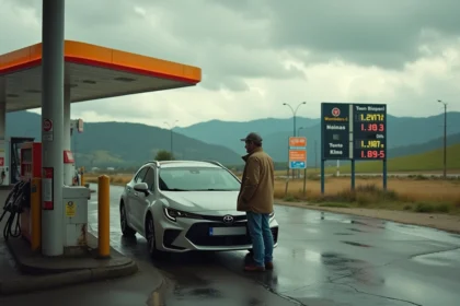 Homme d'âge moyen vérifiant les prix du carburant à la station