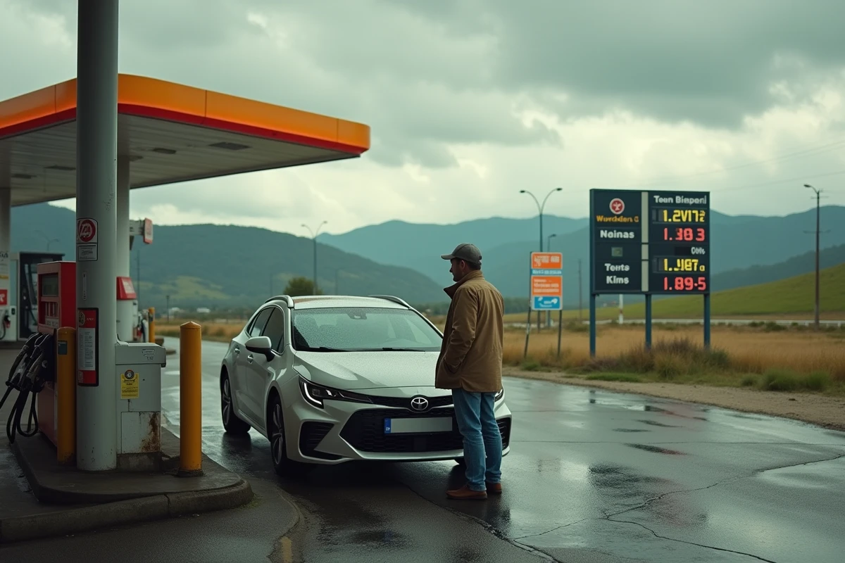 Homme d'âge moyen vérifiant les prix du carburant à la station