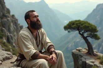 Homme barbu en montagne avec chaînes aux poignets