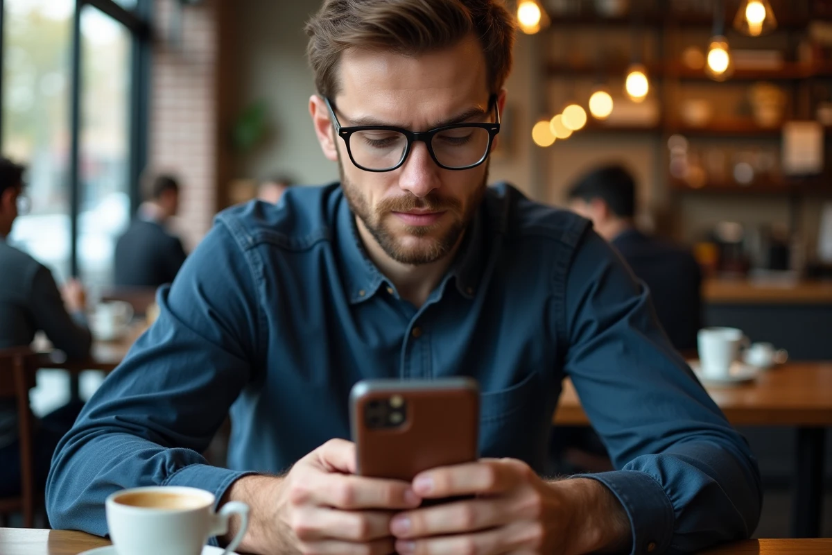 Homme consultant les paramètres de confidentialité d'une application sur son smartphone dans un café urbain