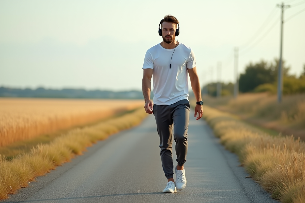 Jeune homme court dans un champ de blé au bord de la route