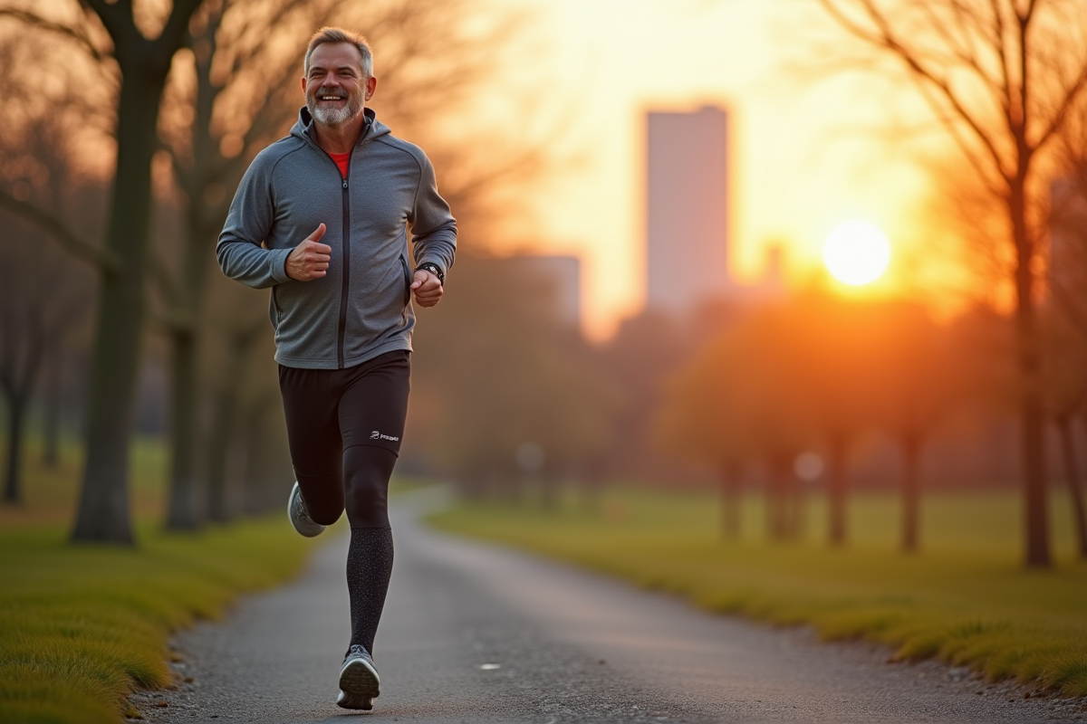 Homme courant au lever du soleil dans un parc