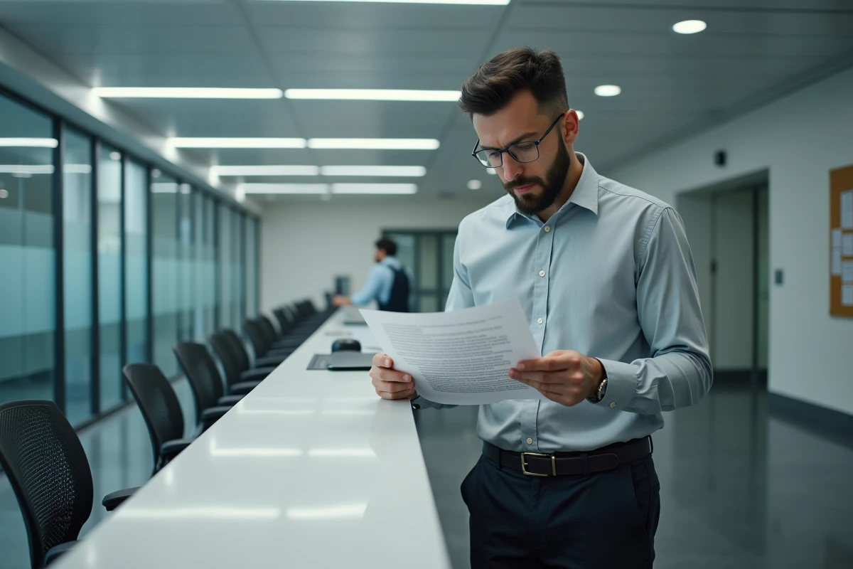 Homme lisant une décision administrative officielle dans un bureau de service public pour préparer un recours