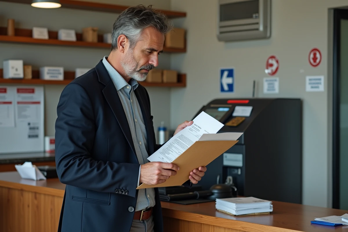 Un homme tient un document imprimé confidentiel et une enveloppe au comptoir d'un bureau de La Poste