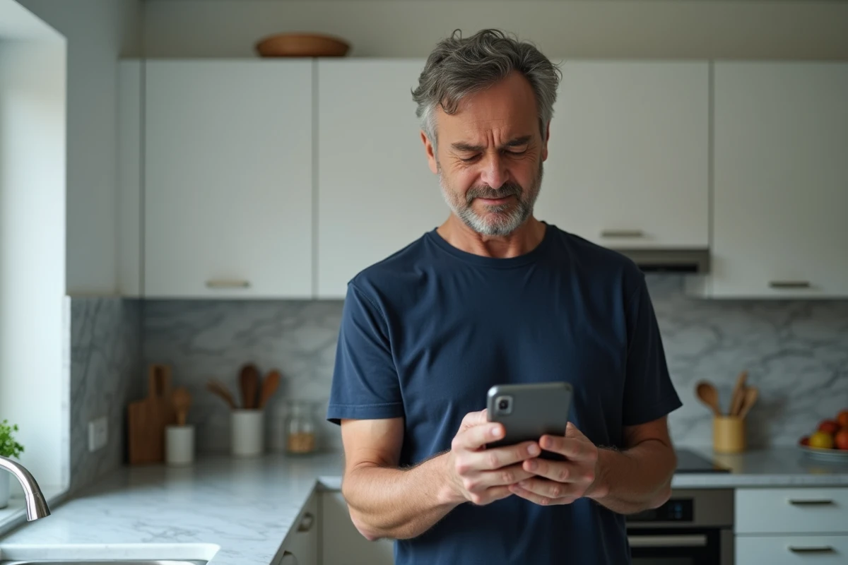 Homme consultant une erreur de paiement sur l'application Le Bon Coin depuis son smartphone dans une cuisine moderne
