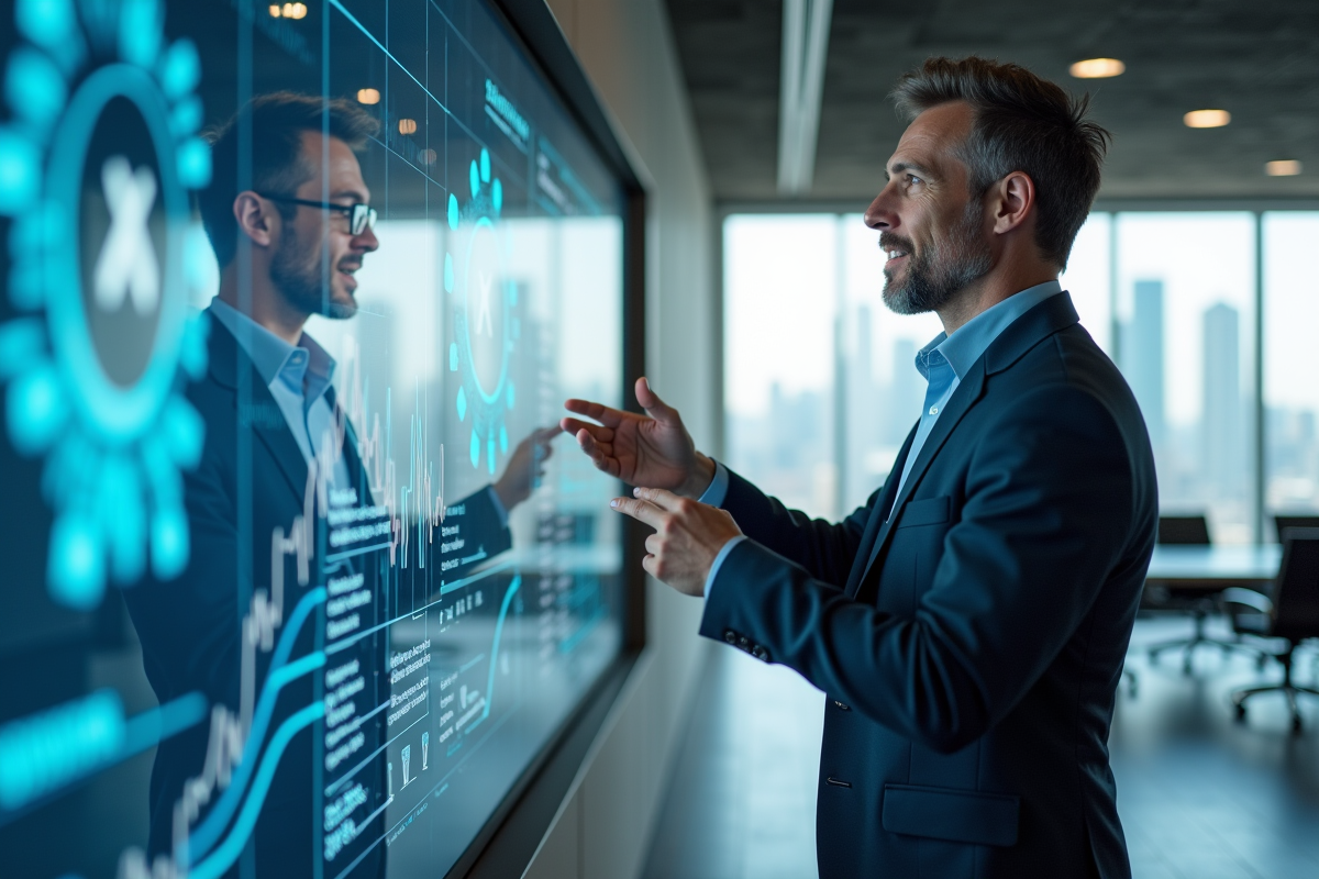 Homme d affaires expliquant des données sur un mur digital