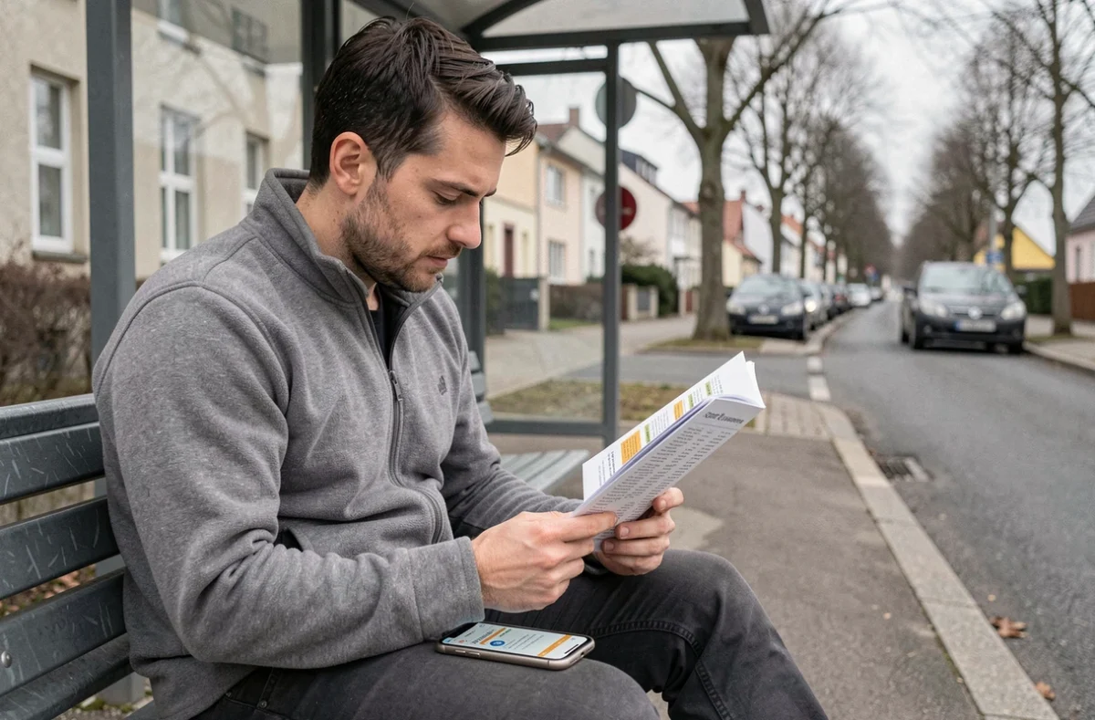 Homme consultant un horaire de bus imprimé à un arrêt de Sarreguemines pour planifier une correspondance transfrontalière vers l'Allemagne