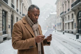 Homme consultant un calendrier des horaires de prière en hiver à Grenoble avec le massif du Vercors en arrière-plan enneigé