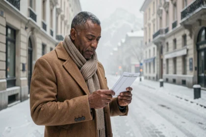 Homme consultant un calendrier des horaires de prière en hiver à Grenoble avec le massif du Vercors en arrière-plan enneigé