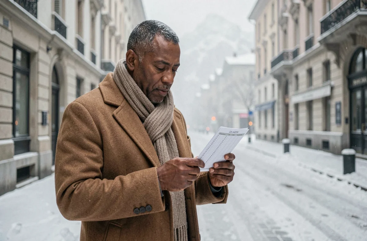 Homme consultant un calendrier des horaires de prière en hiver à Grenoble avec le massif du Vercors en arrière-plan enneigé