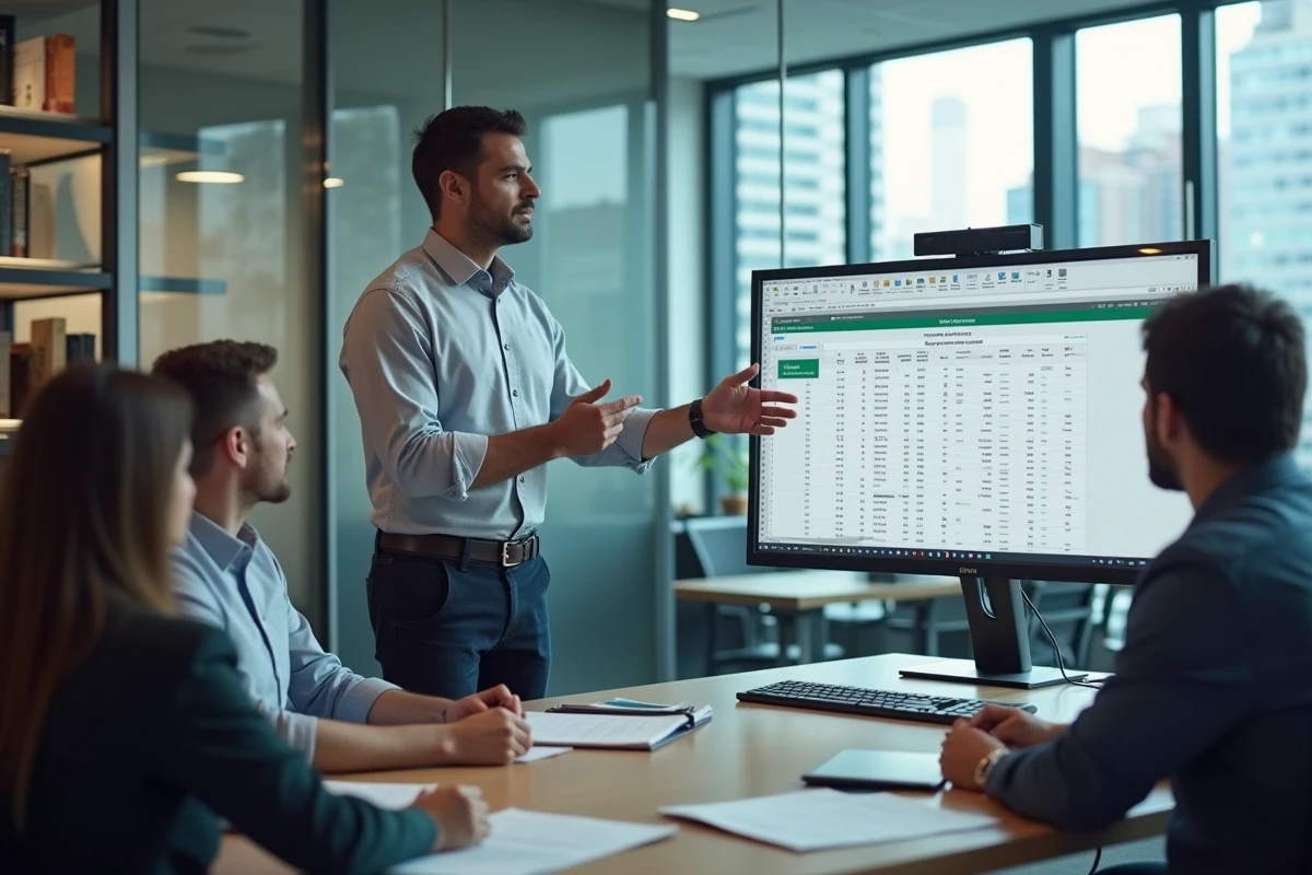 Homme en réunion expliquant le symbole egalite dans Excel