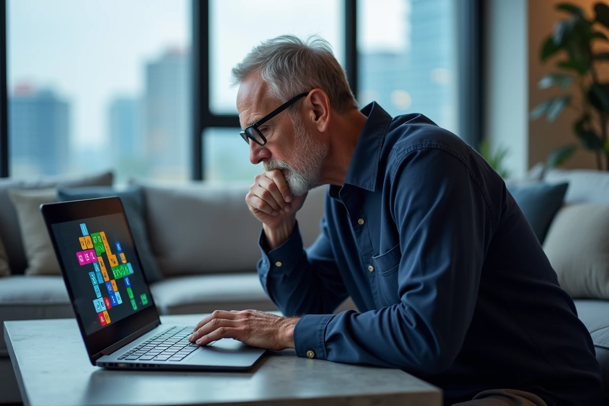 Homme d'âge mûr jouant à un jeu de lettres en ligne sur ordinateur portable, exercice cérébral et cognition