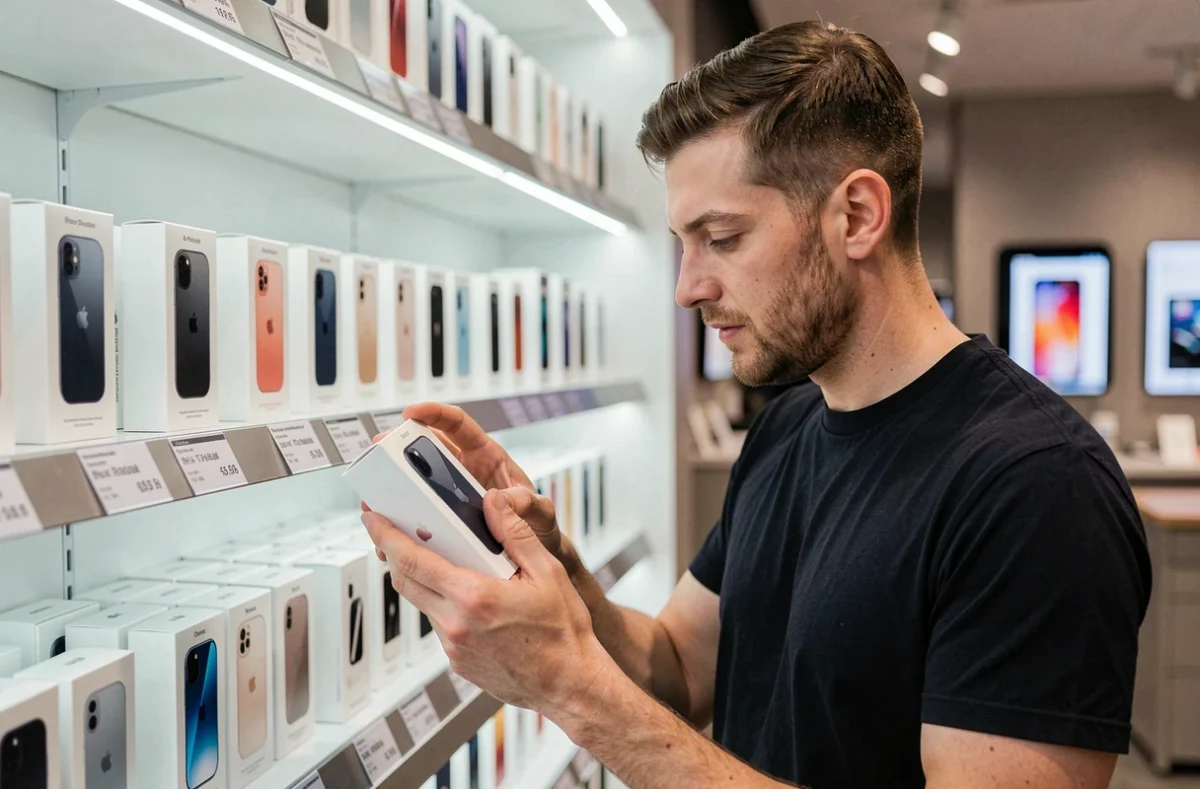 Homme comparant les boîtes d'iPhone 14 en magasin Apple selon les différentes capacités de stockage et leurs prix