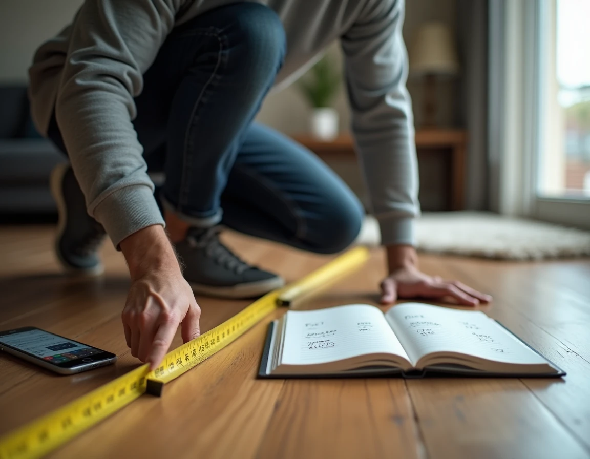 Homme mesurant le sol avec un mètre ruban et prenant des notes de conversion pieds centimètres dans un carnet
