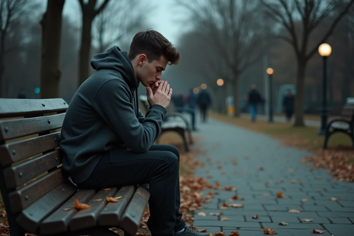 Jeune homme pensif assis seul dans un parc urbain en automne, illustrant les thèmes de lutte intérieure et de démons personnels de la chanson Demons d'Imagine Dragons