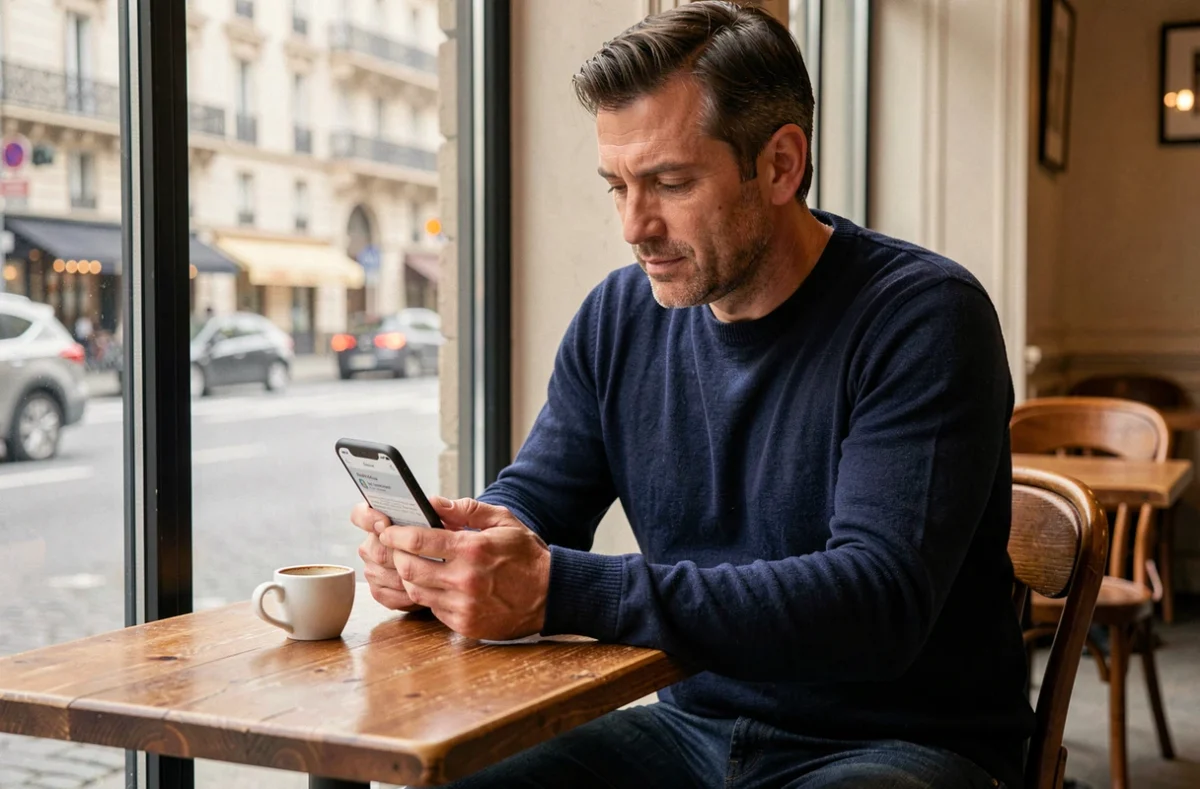 Homme planifiant son itinéraire sur la ligne 7 du métro parisien depuis une application mobile dans un café