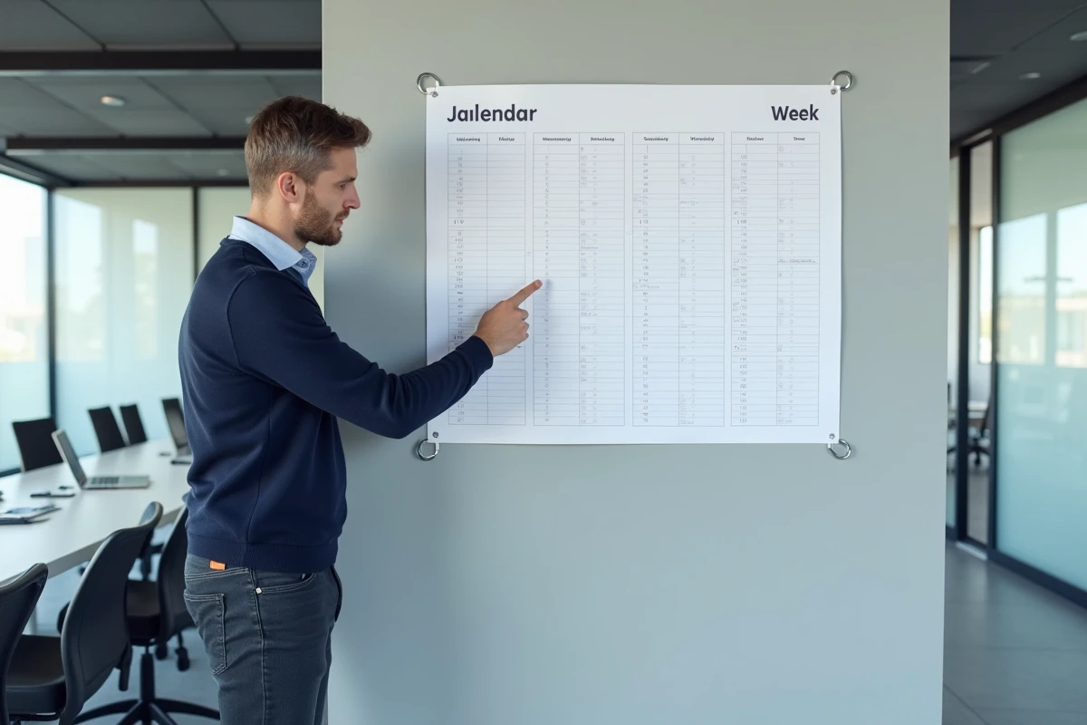 Homme en bureau moderne pointant les numéros de semaines paires sur un planning mural annuel 2026
