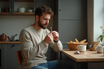 Homme en cuisine roulant cigarette avec tabac