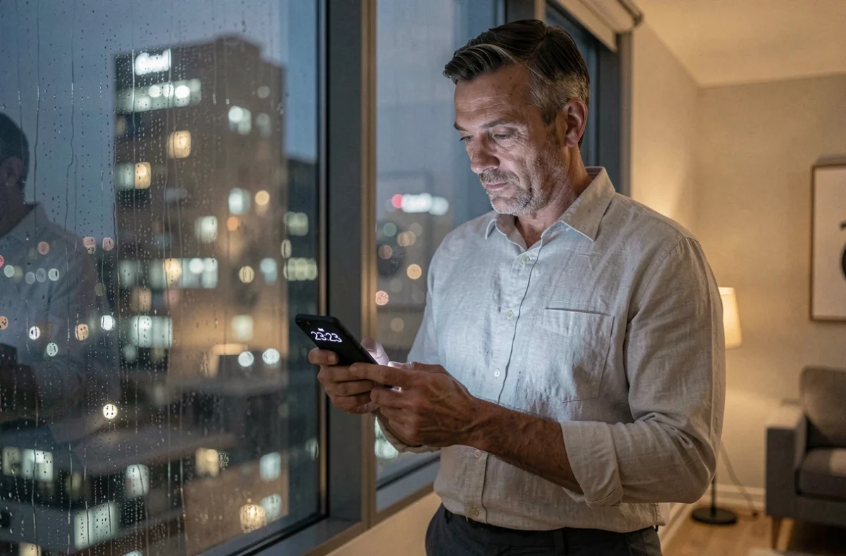Homme regardant son smartphone affichant 23h23 près d'une fenêtre pluvieuse en ville la nuit, illustrant la découverte d'une heure miroir dans la vie quotidienne