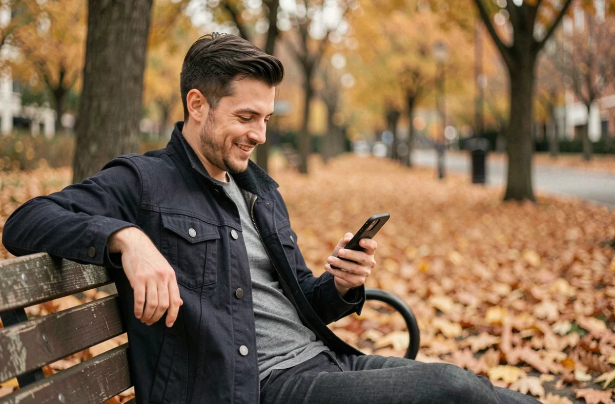 Homme souriant lisant un message positif sur son téléphone dans un parc en automne