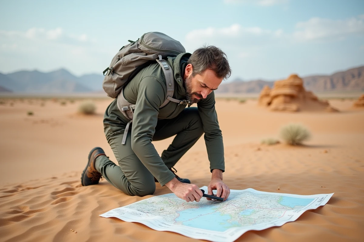 Homme en randonnée traçant un itinéraire dans le désert