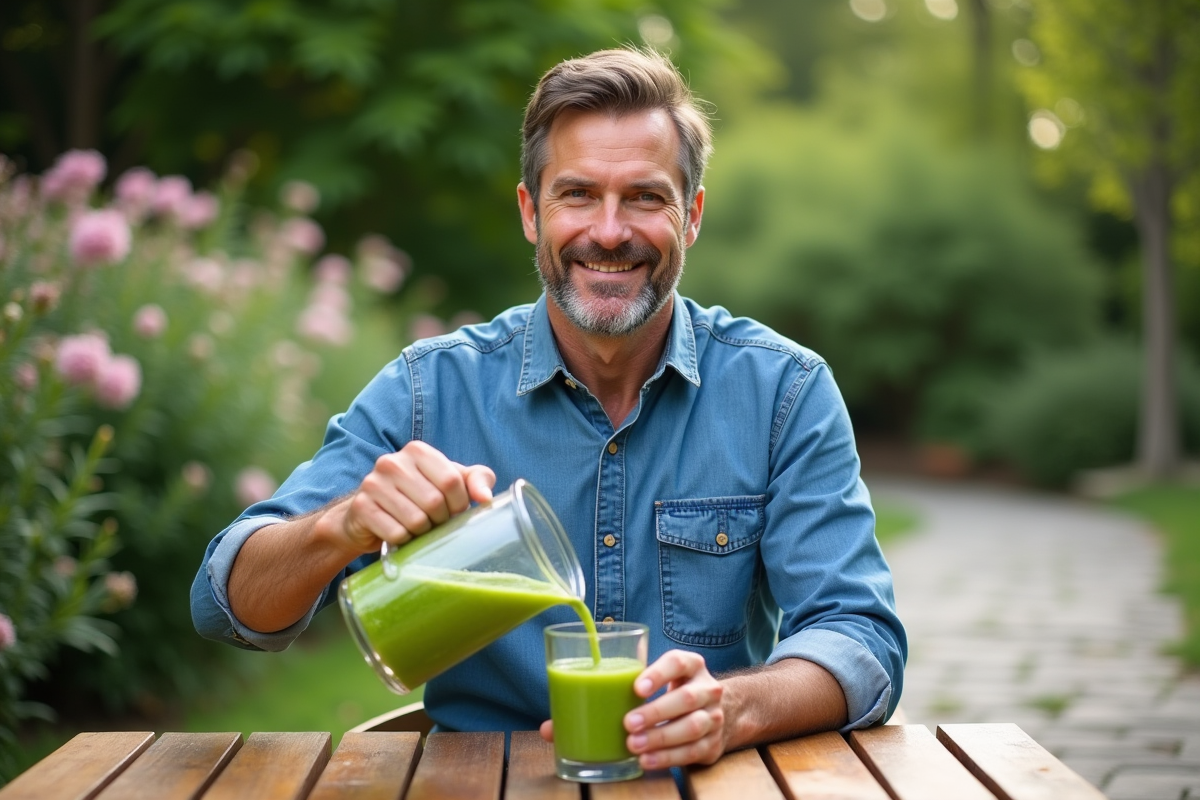 Homme en extérieur versant un smoothie dans un verre