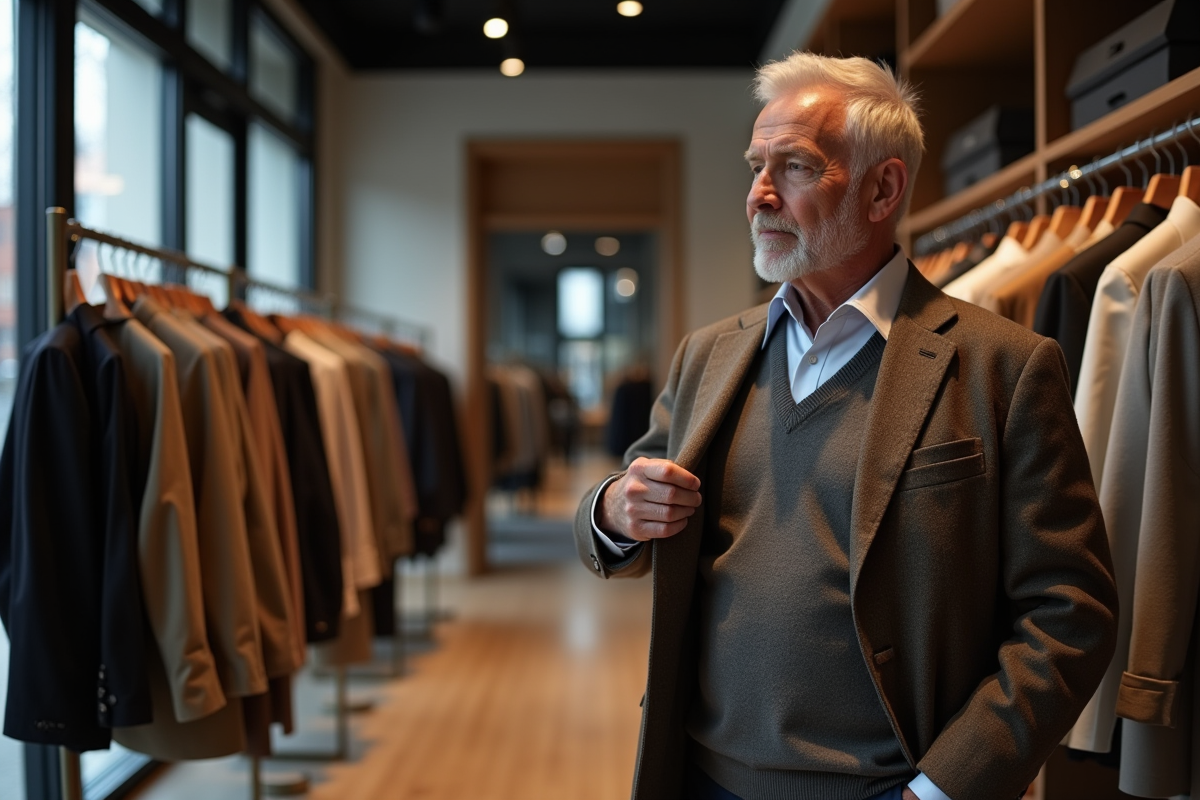 Homme d age regardant une veste dans une boutique de mode