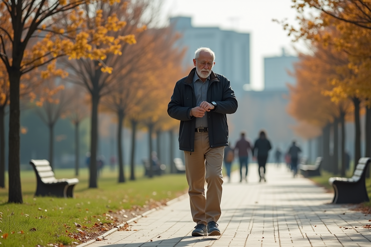 Homme âgé vérifiant son pas dans un parc urbain