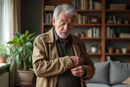 Homme âgé examinant son manteau en coton usé