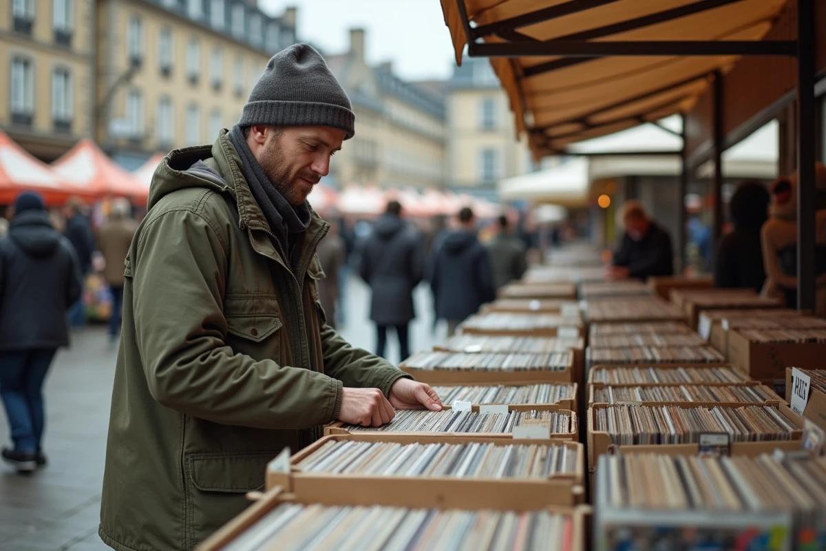 Homme fouillant des disques vinyles dans une brocante de plein air en ville le week-end