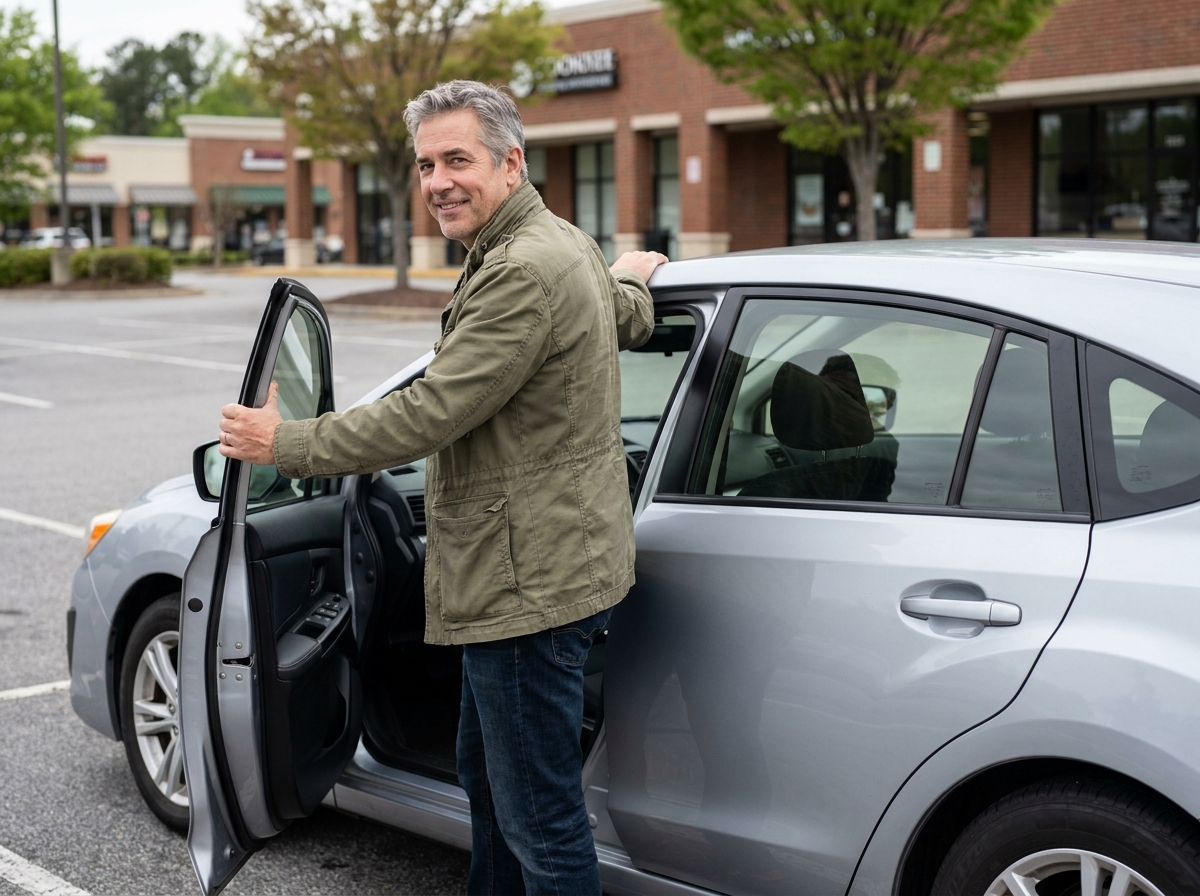 Homme d'une cinquantaine d'années debout près de sa voiture automatique dans un parking suburbain, expression satisfaite