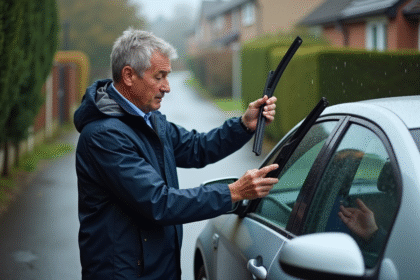 Homme d'âge moyen inspectant des essuie-glaces devant sa voiture