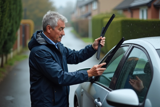 Homme d'âge moyen inspectant des essuie-glaces devant sa voiture