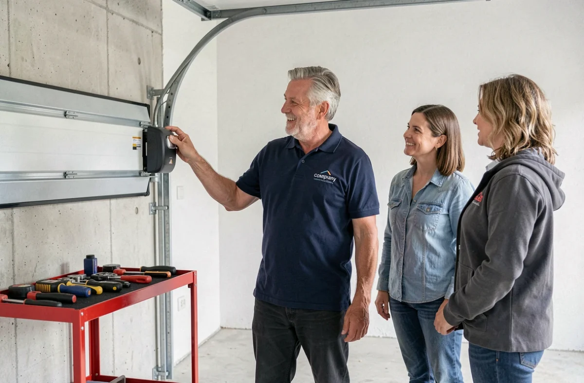 Installateur Hoppe Benoit Père et Fils expliquant un système de fermeture à des clients à Caen